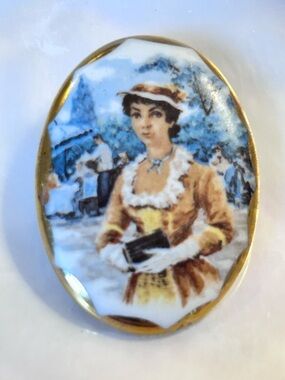 Vintage Portrait Porcelain Brooch, Lady at a Luncheon Victorian Limoges Style